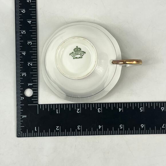 Aynsley England Bone China Teacup Saucer Set Green Gold Floral Pattern 7905 - Picture 9 of 15